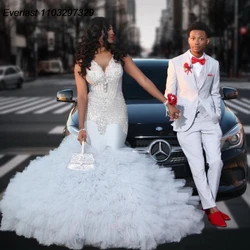 EVLAST Customized White Mermaid Prom Dress For Black Girls Rhinestone Beaded Ruffles Party Gala Gown Robe De Soirée TPD58