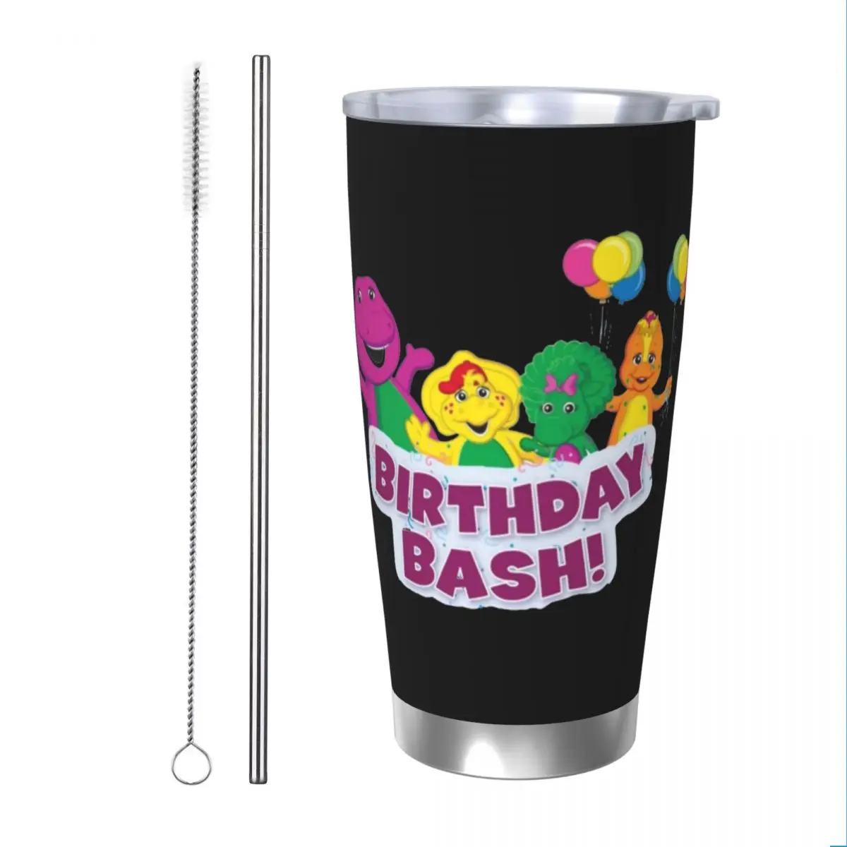 Birthday Bash Barney Friends Tumbler Vacuum Insulated Cartoon Coffee Cups Stainless Steel Office Home Mug Water Bottle, 20oz