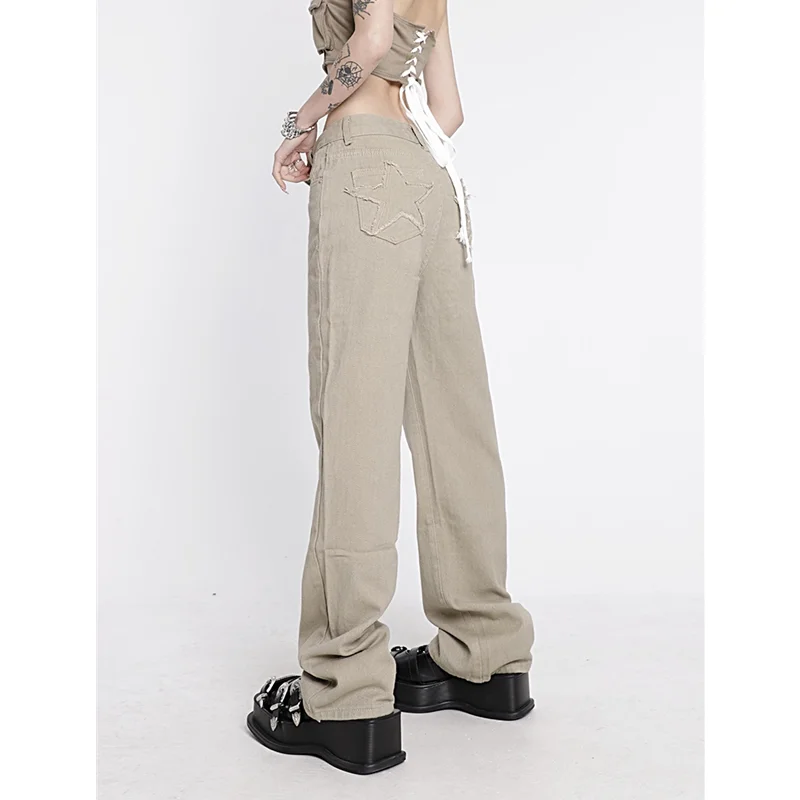 Women\'s Khaki Wide Leg Jeans Star Pocket Vintage Straight Pants High Waist Baggy Streetwear Casual Brown Denim Trouser Ladies