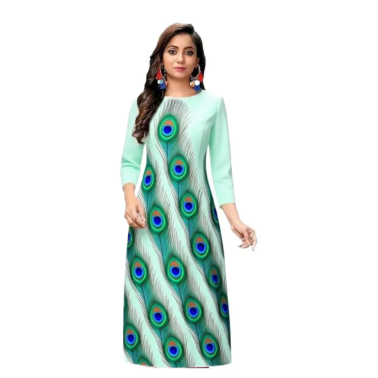 Kurt women's casual fashion dress long sleeved straight tube casual ethnic peacock round neck regular size design sense 2026