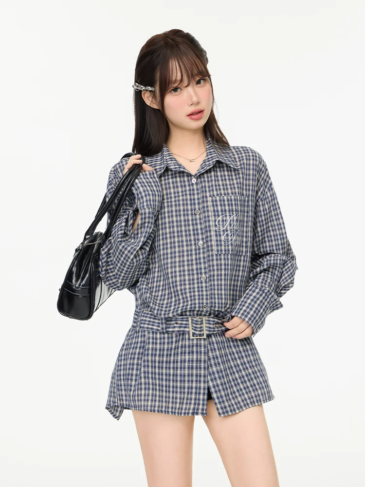 

Sweet Cool Spicy Adjustable Waist Long Sve irt Women's Loose irt Spring Autumn Plaid Pattern Breathable Comfortable