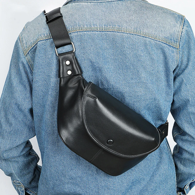 2023 Latest Fashion Men's Sling Bags Genuine Leather Chest Bag Fanny Pack Real Cowhide Male Crossbody Bag Black Waterproof