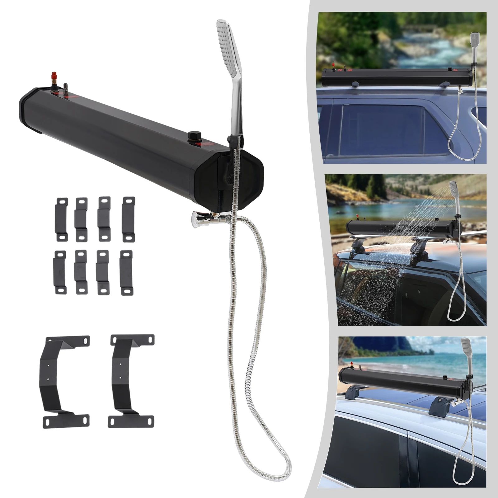 Portable 20L Car Camping Roof RackMount Road Shower With Silver 5.58-footlong water pipe And Black Water Tank