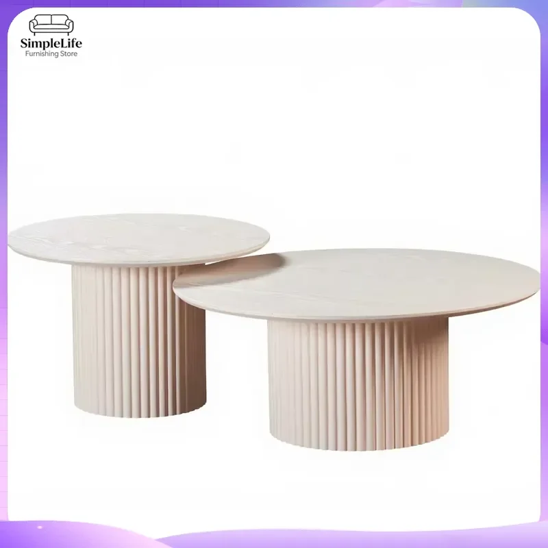Nordic Modern Coffee Table Round Beige Veneer MDF Center Table with Grooved Design Nested Living Room Furniture Minimalist