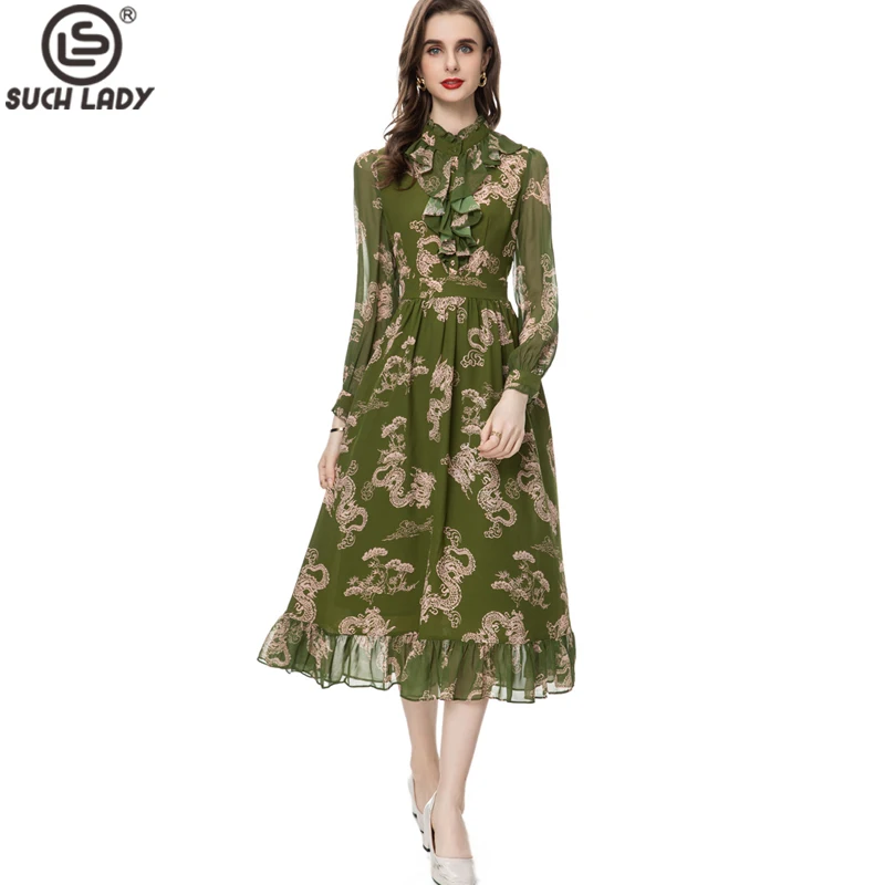 

Women's Runway Dresses Ruffled Stand Collar Long Sleeves Printed Ruffles High Street Fashion Casual Mid Vestidos