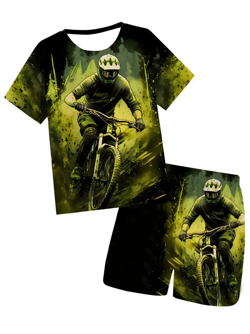 Boys Sports T-shirt Set Fashion 3D Off Road Cycling Car Print Men's Casual Sport Suit Summer Outdoor T-shirt+Shorts 2PCS Outfits