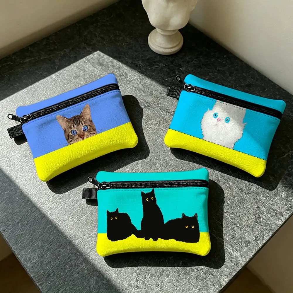 Cartoon Cute Cat Black Kitty Z-zelko Mini Hanging Oxford Cloth Coin Bag Durable Zipper Key Card Pouch With Carabiner