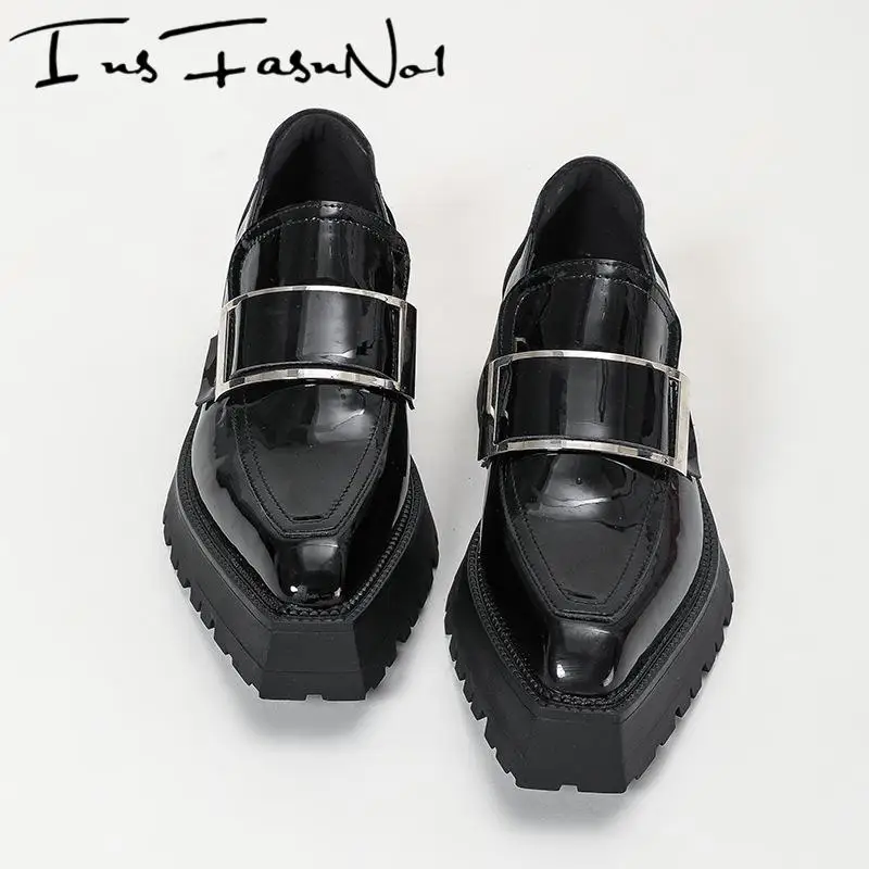 

Platform Thick Bottom Height-Increasing Shoes Autumn Females Casual Shoes Buckle Strap Women's British Leather Style Black Shoes