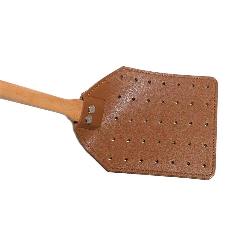 Fly Swatter Leather Strong Flyswatter Handheld For Flies Hanging Manual Fly Swat Shatter Indoor Outdoor Long Wooden Handle