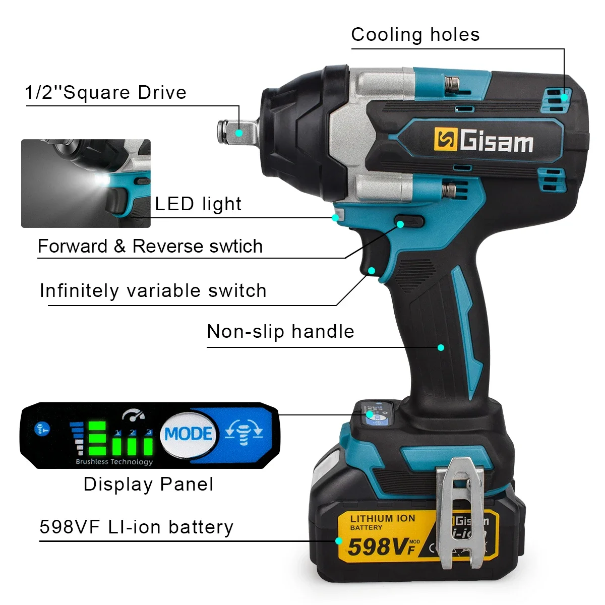 Gisam-llave de impacto eléctrica sin escobillas, destornillador de 1/2 pulgadas, llave inalámbrica, herramientas eléctricas para batería Makita de 18V, 1800n. M