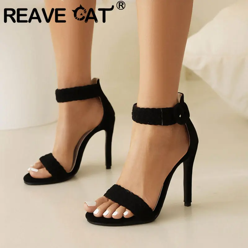 REAVE CAT Design Women Sandals Peep Toe Thin Heels 11cm Buckle Strap Flock Suede 45 46 47 48 Sexy Dating Female Shoes