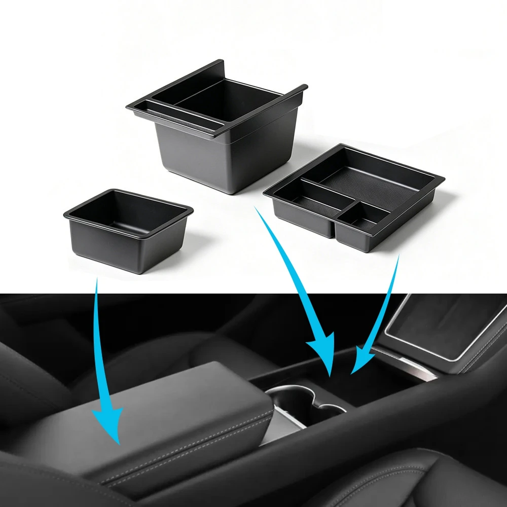 Stapelbare Aufbewahrungsbox für die Frontkonsole mit Getränkehalter-Einsatz für Tesla Model Y L 2026 Langversion 6-Sitzer LWB YL Zubehör – Detail 2