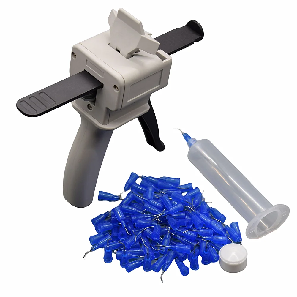 

100pcs Bent Dispensing Needle Tips 22G and 30cc Glue Dispenser Syringe Barrel with UV Adhesive Caulking Gun 30ml Manual Glue Gun