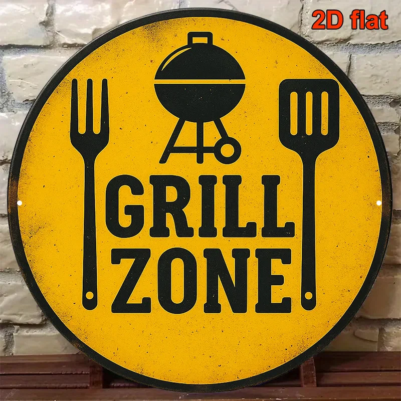 Retro Barbecue Themed 2D Wooden Round Plate Kitchen Terrace Hanging Decor with Yellow & Black Lettered Forks & Spatulas Pattern