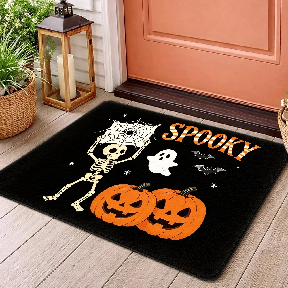 Flannel Doormats And Bath Rugs with a Halloween Design Featuring Skeletons, Pumpkins, And Ghosts. These Non-Slip, Absorbent Fl