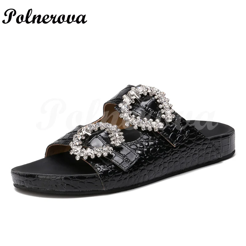 Cowhide Rhinestone Thick Bottom Sandals for Women One Word Open Toe Fairy Sweet Style Outerwear Slippers Beach Sandals New In