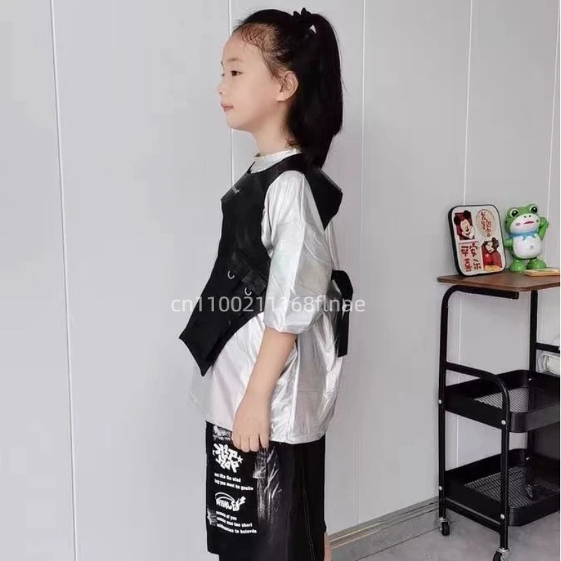 Costume da spettacolo di danza hip-hop e di strada per bambini, set di gilet per ragazzi, costume con paillettes argento per bambini, danza jazz per ragazzi