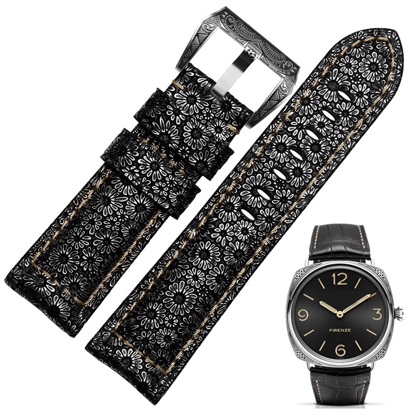 For Panerai Breitling Genuine Leather Watch Strap Sunflower Patterned Vintage Cowhide Men Watchband Bracelet 22mm 24mm 26mm