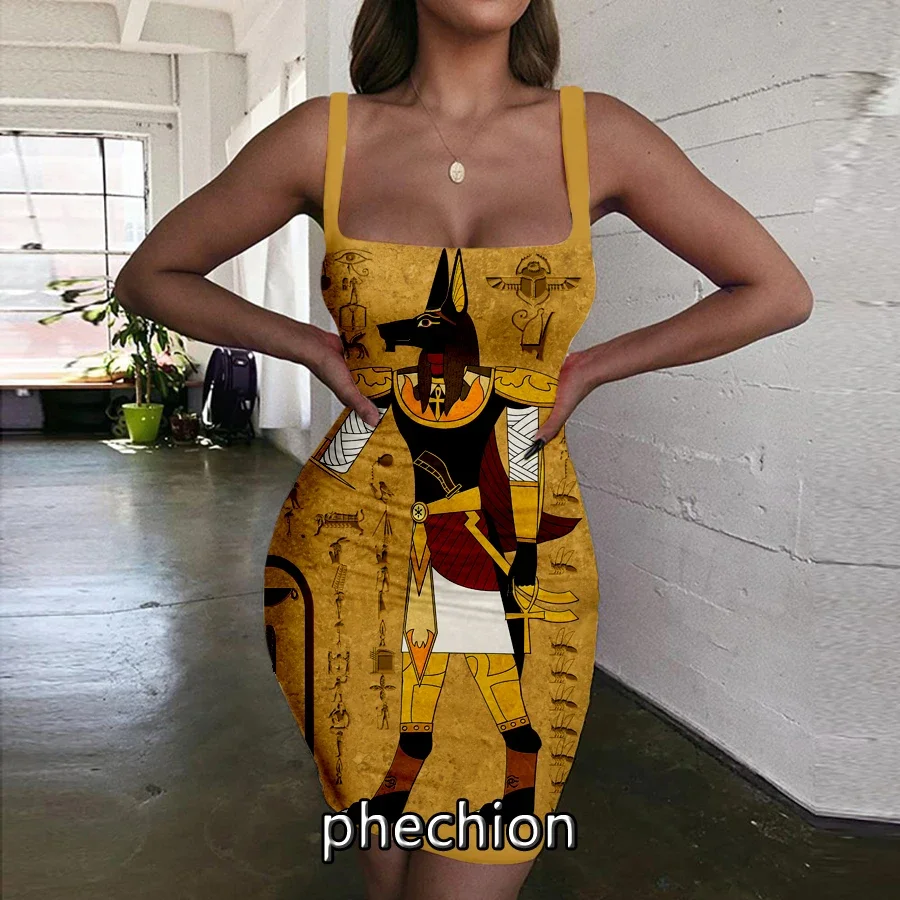 

phechion Egyptian Anubis 3D Print Dress Women Halter Sleeveless Fashion Ladies Dresses Novel Sexy Womens Clothing G36