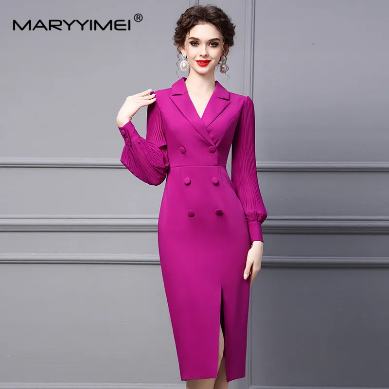 Imagem -02 - Maryyimei-vestido Plissado Manga Lanterna Virada para Baixo Feminino Vestido Lápis Feminino Fino Roxo Estilista Primavera