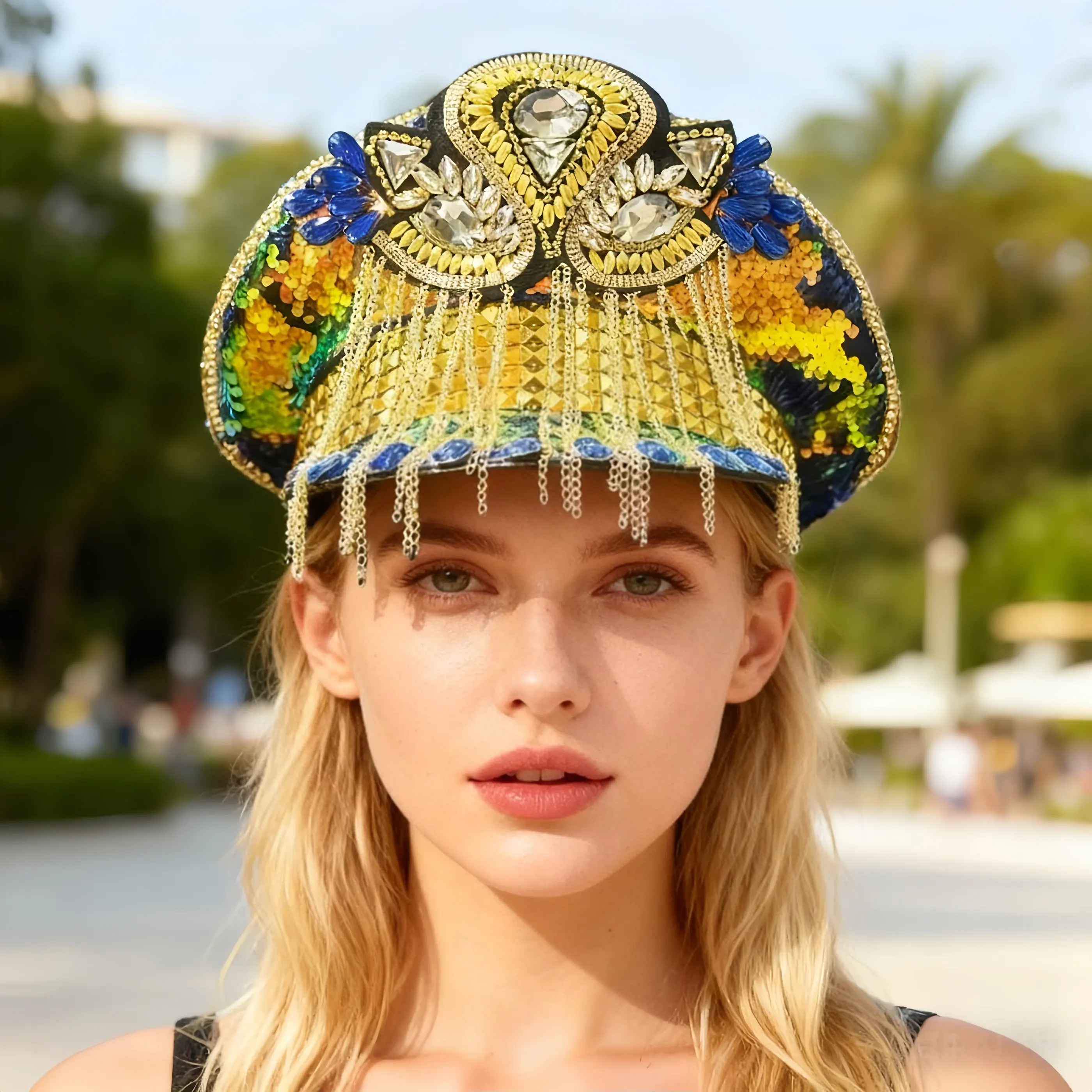 

HongLuan Golden Tassels Steampunk Captain Hat Rhinestone for Burning Man Festival Woman, Vintage Military Accessories & Cap Man