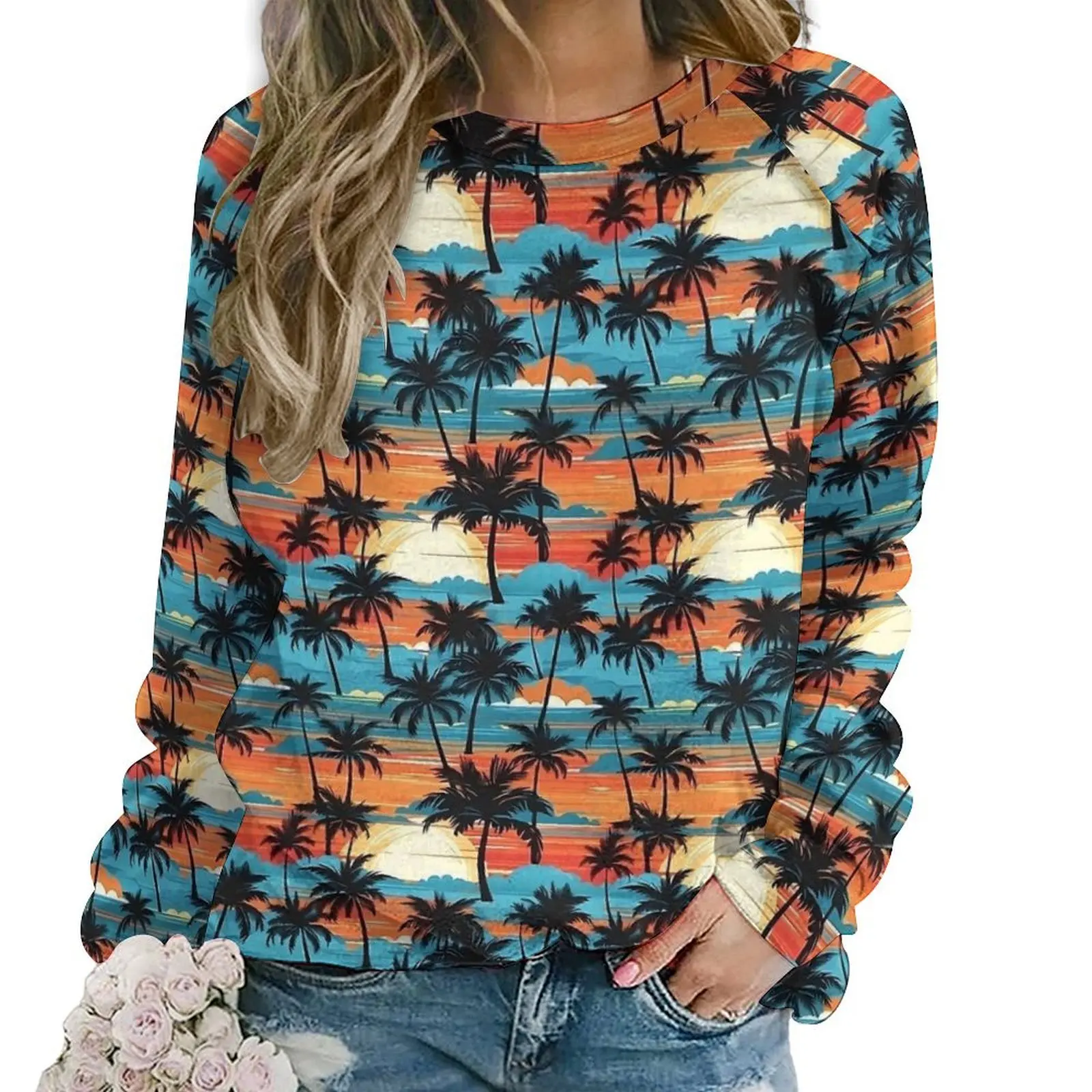 Hawaiian Sunset Palm Tree Waves Hoodies Women  Hip Hop Casual Hoodie Long-Sleeve Retro Custom Tops Large Size 2XL 3XL