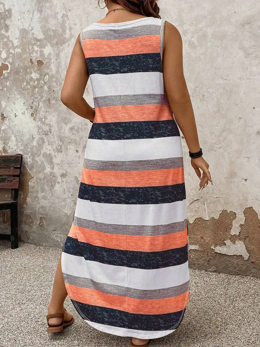 

Striped Casual Sleeveless Maxi Dress For Women Plus Size