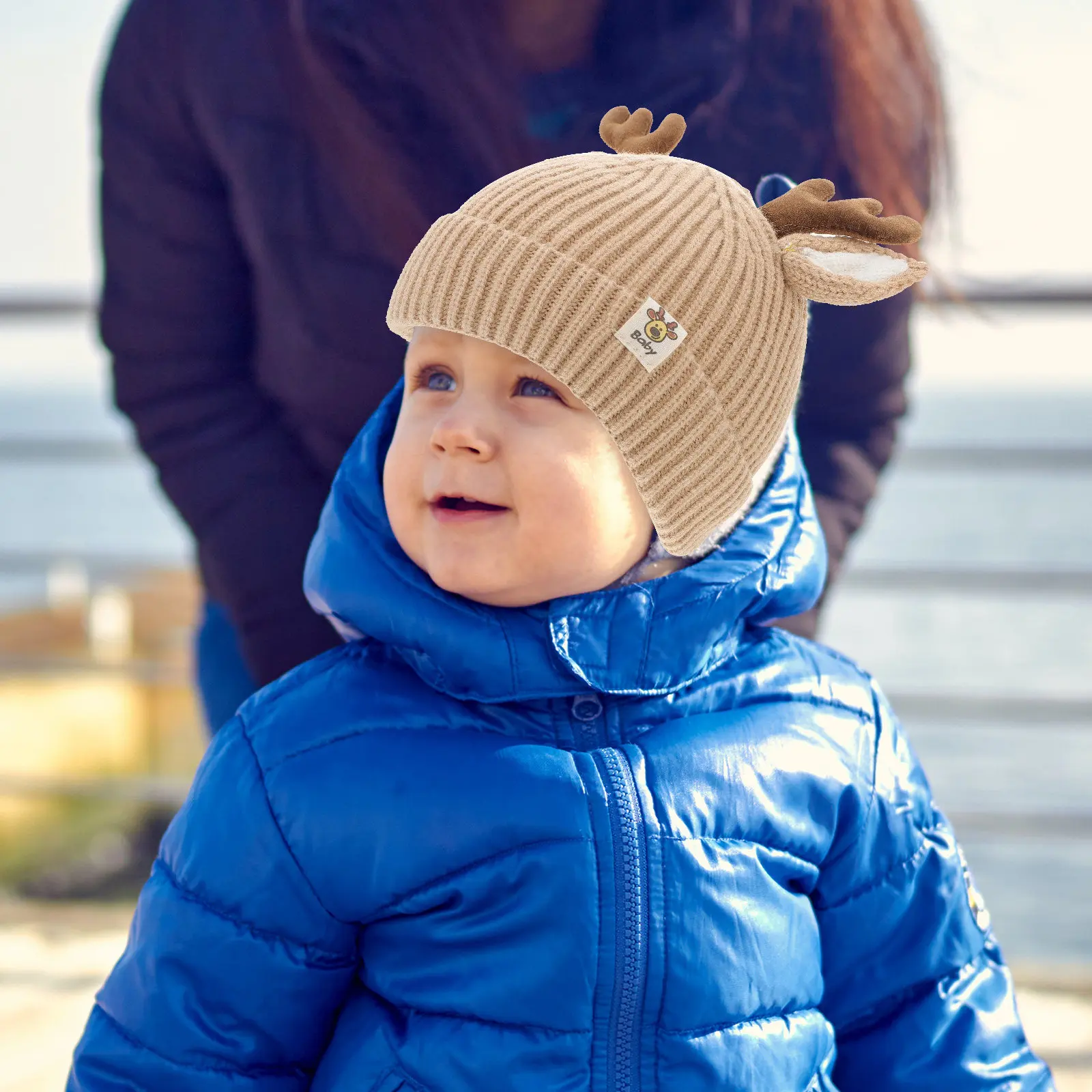 

Children Warm Knit Hat Baby Winter Thick Antlers Elk Design Khaki Suitable 3-24 Months Kids Cozy Knitting Hat for Autumn Winter