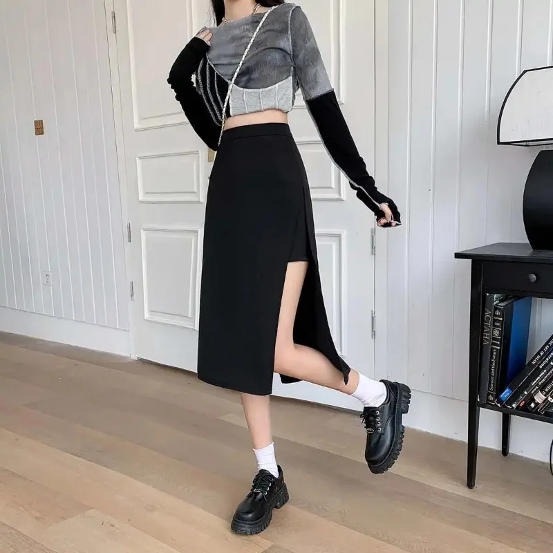 Chic Design Skirts for Women Side-slit Summer Clothing Ladies All-match Black Simple Fashion High Waist Casual New Solid A-line