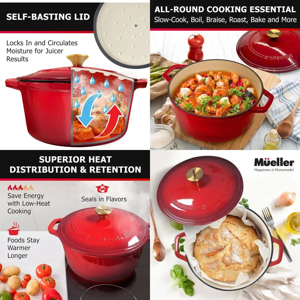 

Mueller 6qt Enameled Cast Iron Dutch Oven, Heavy-Duty Casserole and Braiser Pan with Lid and Knob, Oven-Safe up to 500° F & Acro
