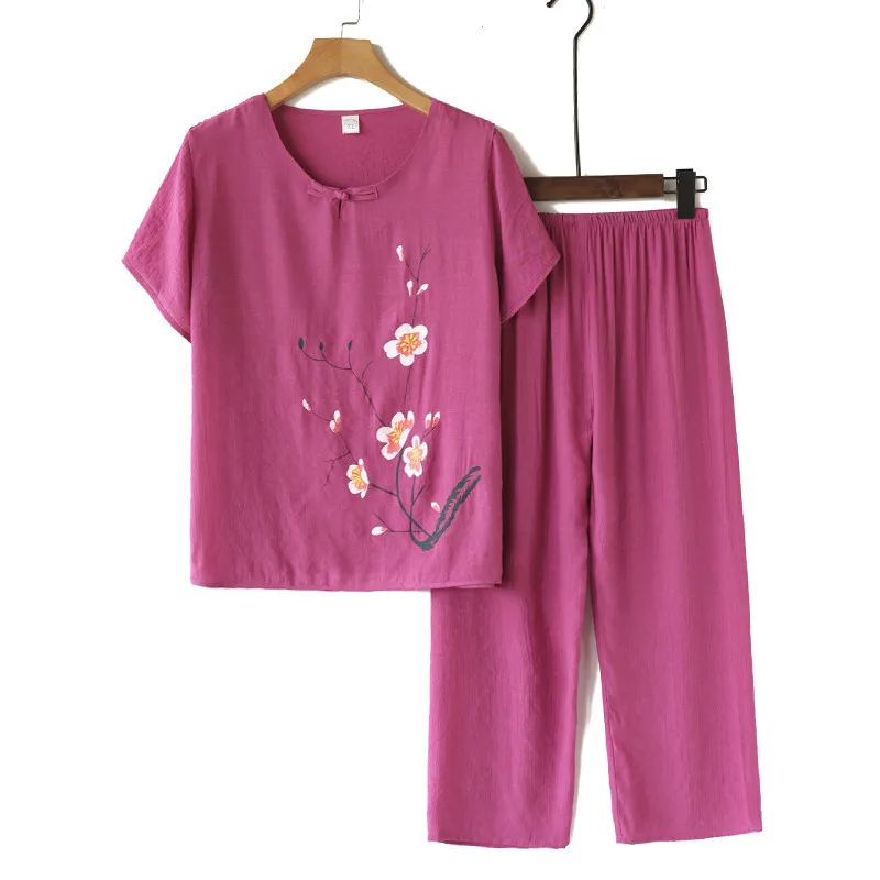 Conjunto pijama de linho de algodão feminino, pijamas soltas, camiseta manga curta, roupa florida, vovó, 2 peças, verão