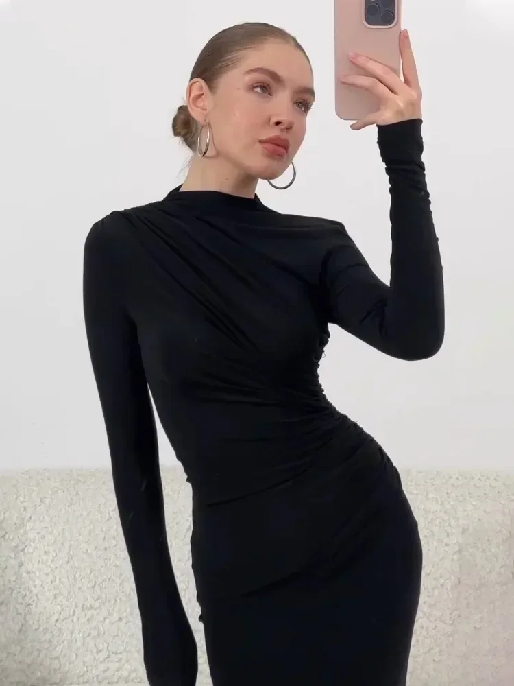 Robe plissée en Patchwork pour femmes, élégante, manches longues, couleur unie, Slim, taille haute, moulante, Maxi, mode automne 2023