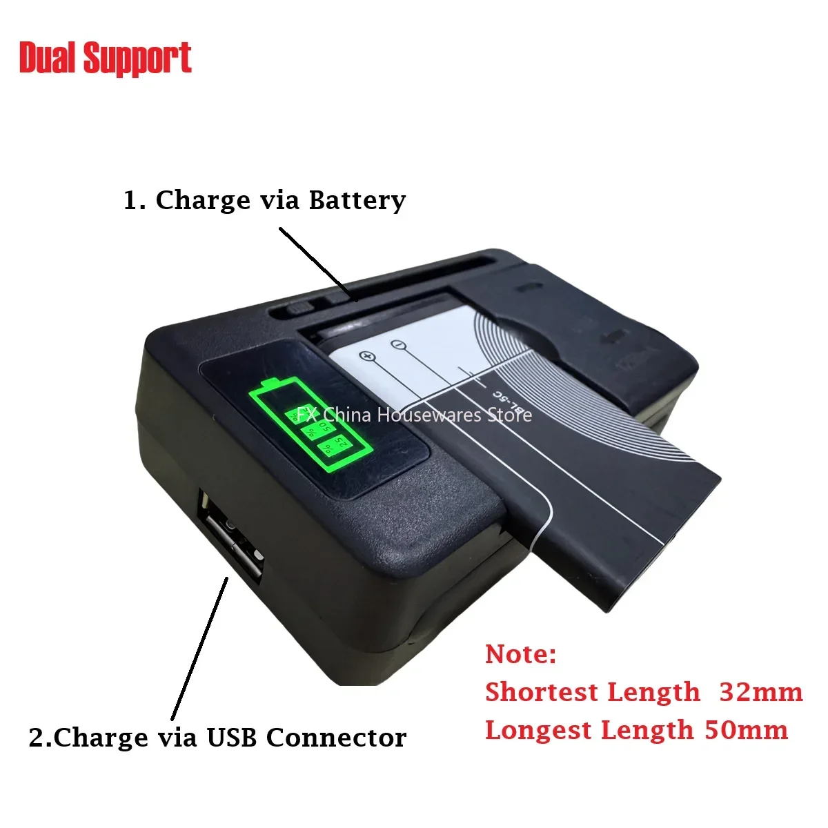 Universal LCD Battery Charger with USB Port, 32-55mm Adjustable, For Cell Phone & Camera Batteries, US/UK/EU Plug