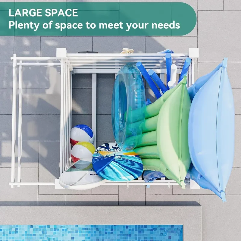 Pool Storage Bins with Towel Rack and 6 Moveable Hooks Large Pool Noodle Holder Organizer Outdoor Waterproof Poolside Float