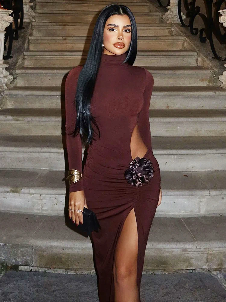 

Mozision Turtleneck Long Sleeve Sexy Maxi Dress For Women Fashion Solid Hollow Out Thigh High Split Bodycon Elegant Club Dress