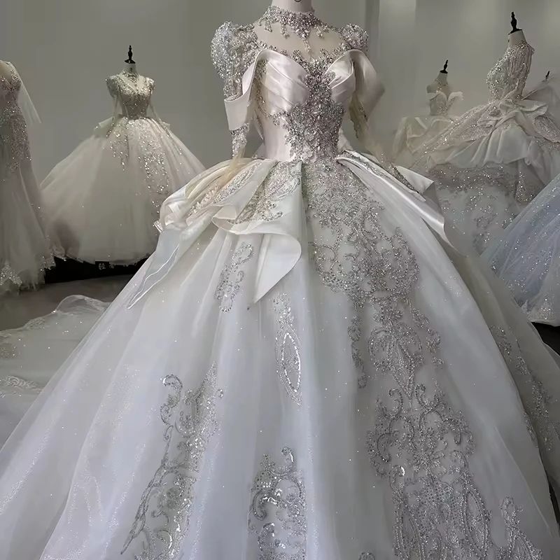 MOB Ier נעלייםングFoto Писа С длинным рукавом Милое свадебное платье со шнуровкой на спине и бантом, расшитое бисером, блестками, звездой и кристаллами, свадебное платье