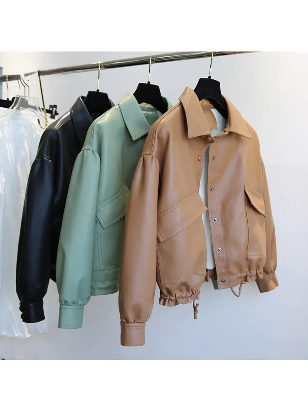 2024 New Women Streetwear Brown Faux Leather Jacket Autumn Winter Long Sleeve Short Coats Loose Warm Moto Biker Outwear