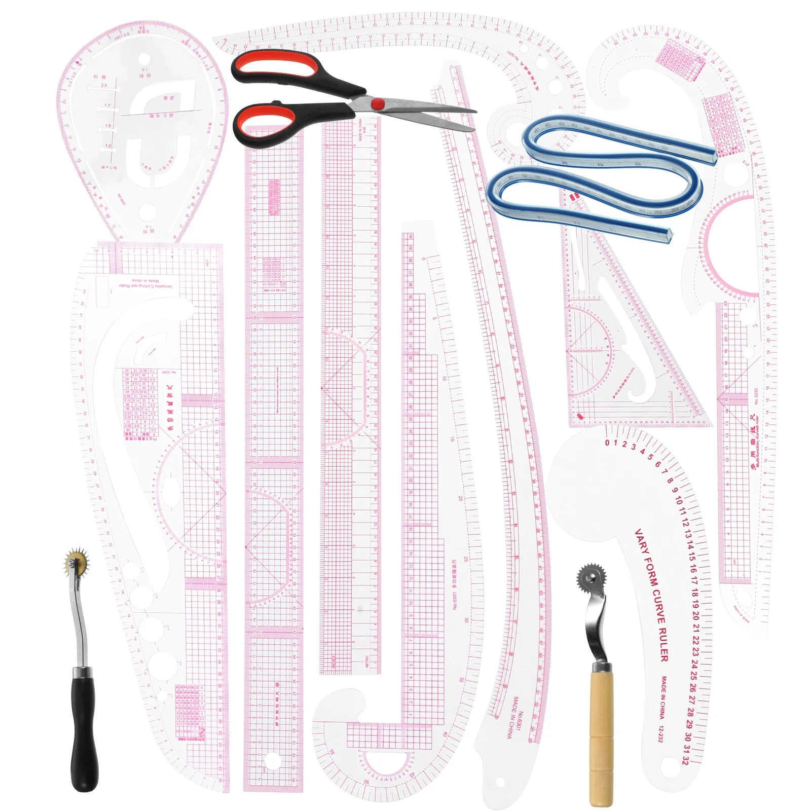 

14pcs Cutting Ruler Curve Sewing Tracing Wheel Beginners Rulers Pattern Making Fabric Quilting PVC Wood Stainless Steel Simplify