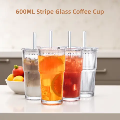 600ML Stripe Glass Coffee Cup With Lid and Without Cover Straw Transparent Drinking Glasses for Juice Iced Coffee Mugs Drinkware