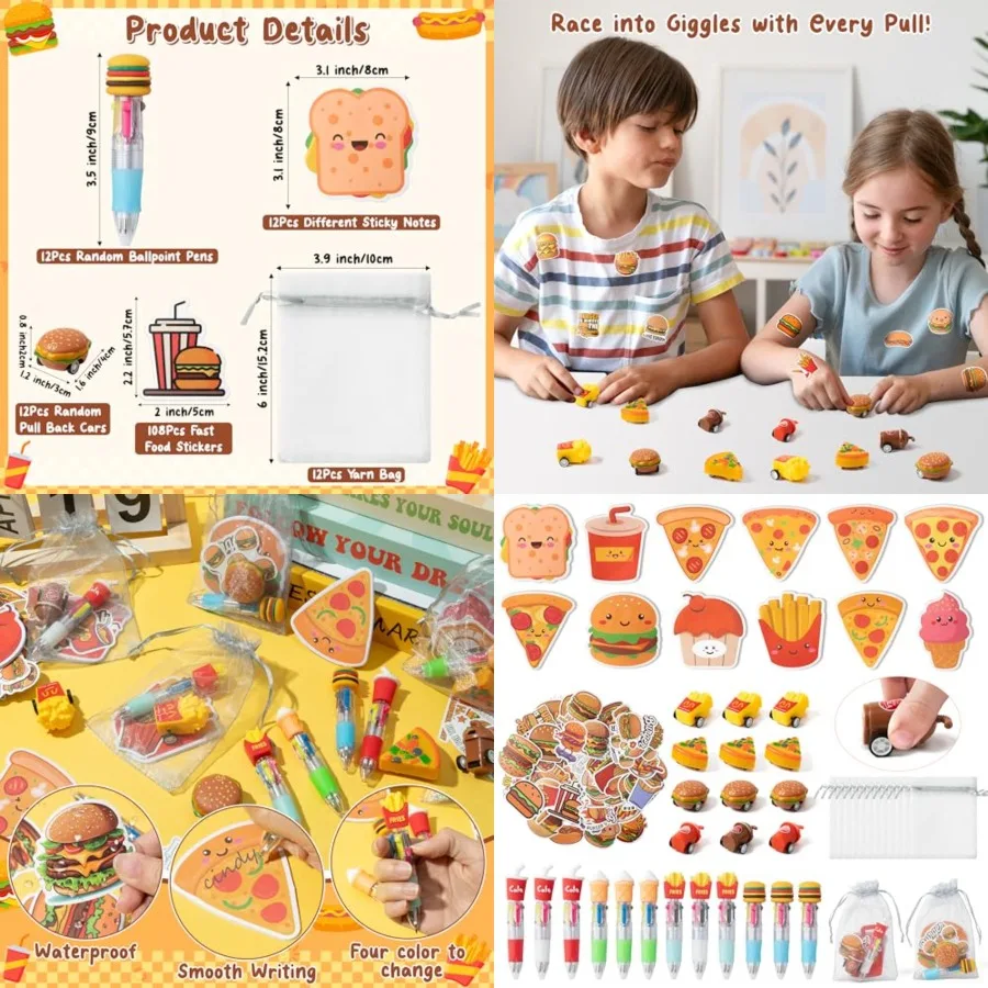 

Fast Food Stationery Gift Set for and Teens - 12-Pack Includes 4-in-1 Ballpoint Pen Sticky Notes Stickers Pull-Back Car and Org