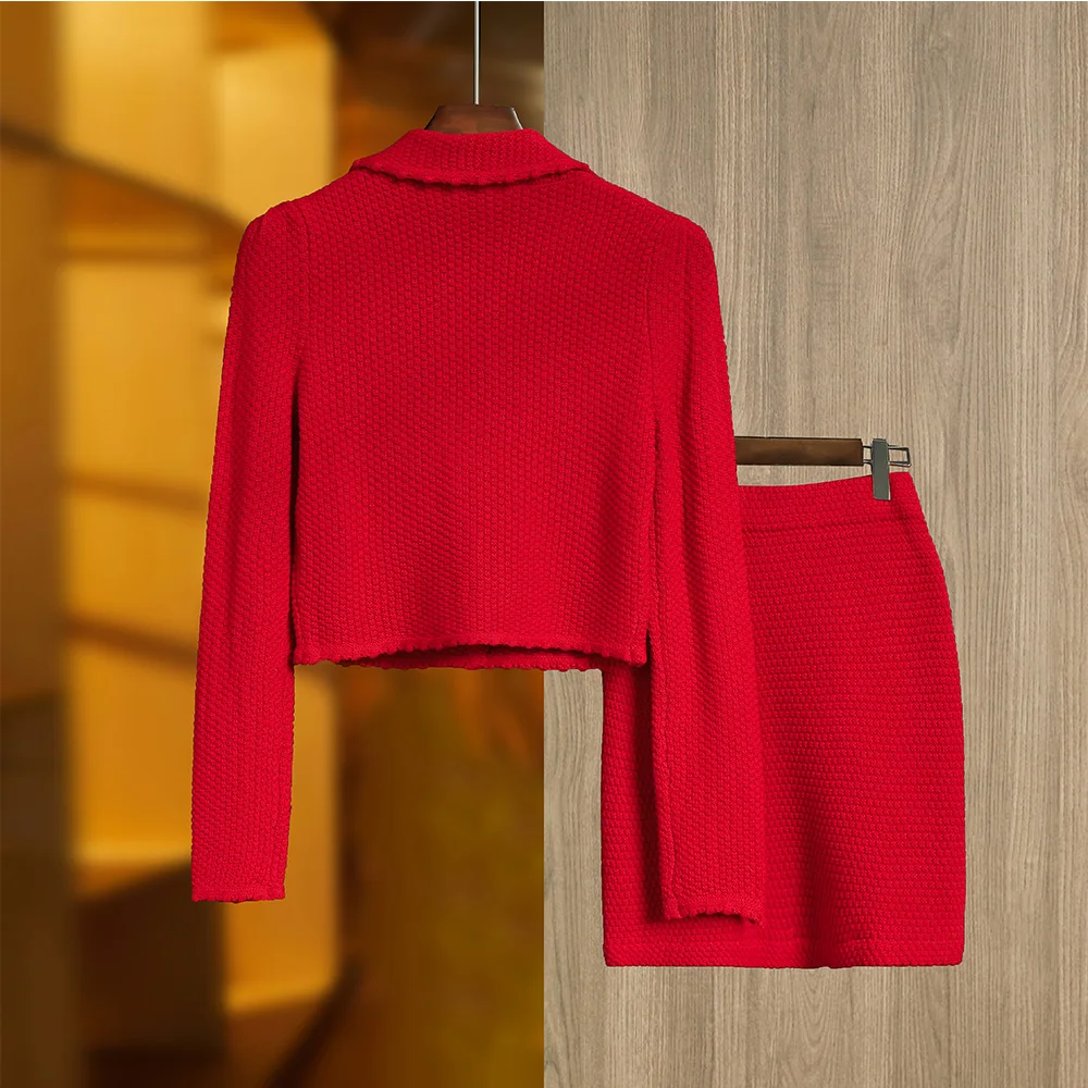 European Luxury Quality New Year Bright Red Women Skinny 2 Pcs Skirt Sets Bow Sweater Tops Mini Design Lady Knitted Suits