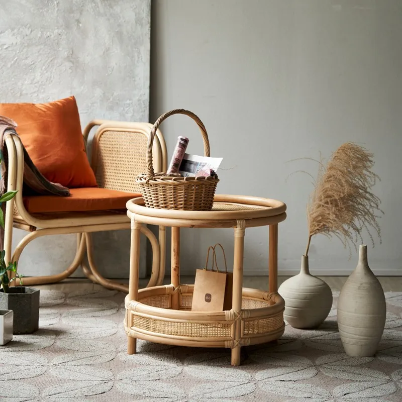 Modern Minimalist Rattan-Woven Round Table – 2-Tier Storage for Living Room & Balcony