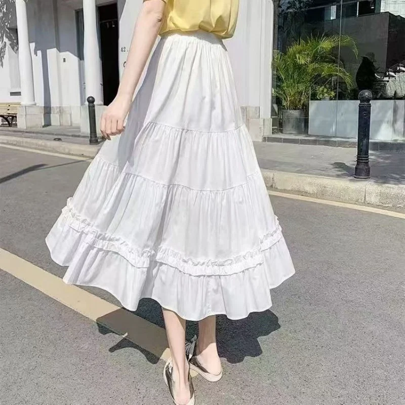 Matching Chic Cake Skirt Elastic Waist A-Line Lady's White Skirt Sweet Girl's Mid Length Flare Skirt Casual Vintage Women Skirt