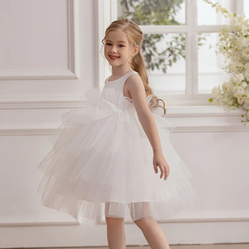 

White Dress For Girl Tulle Princess Dress Wedding Bridesmaid First Communion Gown Piano Perfomance Elegant Girls Party Dresses