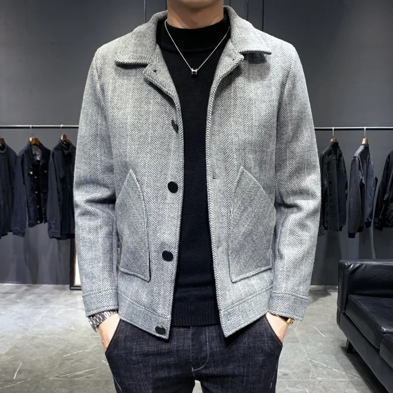 

2022 Fashion Autumn Winter Woolen Blends Jacket Men Lapel Casual Business Coat Social Streetwear Overcoat Men Clothing X85