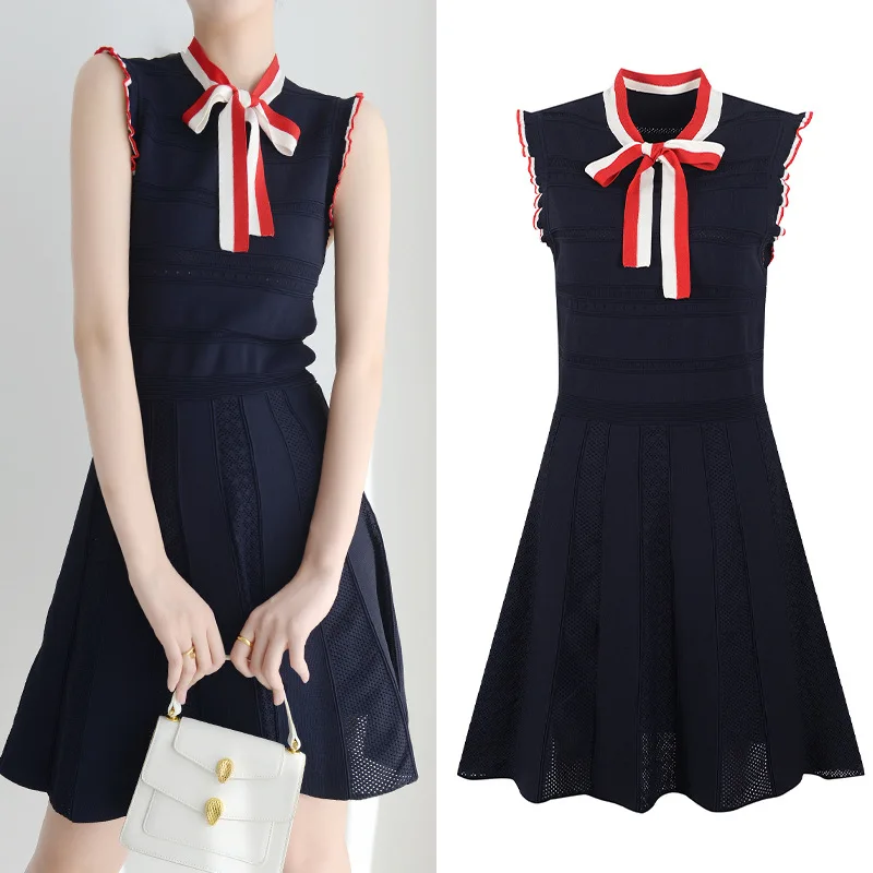 

Summer 2025 Knot Slim Fit Knitted Dr Women's Faionable Waist Cinching Svel V-ne Color Blo Dr