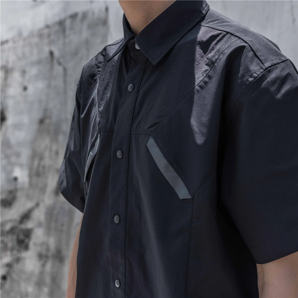 Men Tactical Cargo Shirts 2023 Summer Short Sleeve Functional Shirt Coat Loose Harajuku Tops Black Techwear