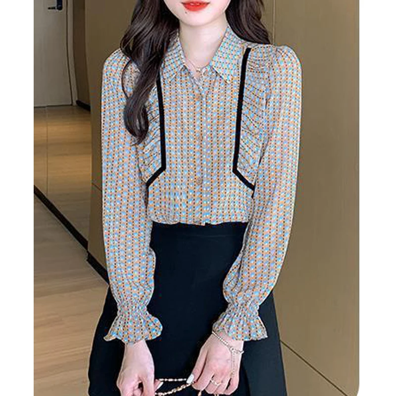 Women\'s Korean Fashion Print Ruffles Button Up Shirt Office Lady Elegant Chic Lapel Blouse Loose Long Sleeve Tops Casual Blusas