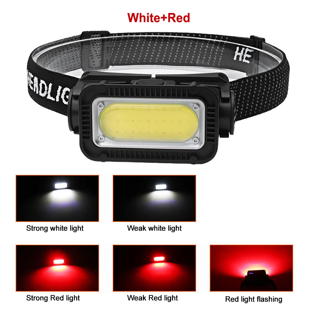 COB Headlamp USB Rechargeable Headlight Built-in Battery Waterproof Head Flashlight Hiking Camping Head Front Torch Red/Yellow