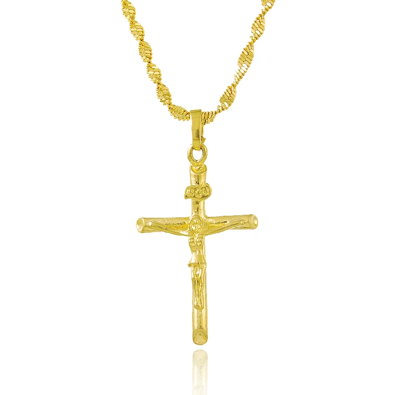 Real 24K Gold Color Cross Pendant & Necklace For Men/Women Gold Chain Religious Christian Jewelry Christmas Gifts